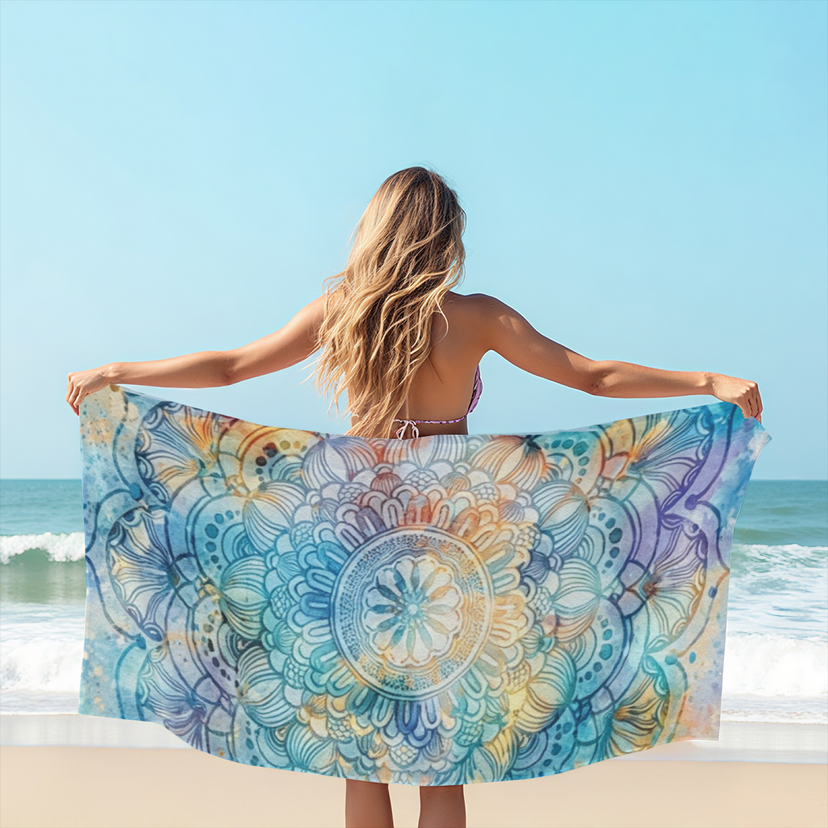 Watercolor Boho Mandala Floral Pattern Beach Towel, Multiple Lengths to Choose, Buttery Soft, Strong Water Absorbency & Relaxing Comfort for Poolside Rest