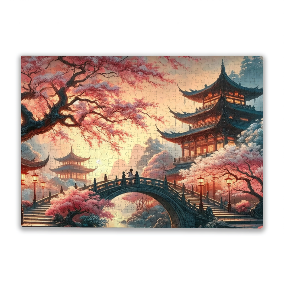 Romantic Cherry Blossom Ancient Chinese Pagoda Bridge Puzzle