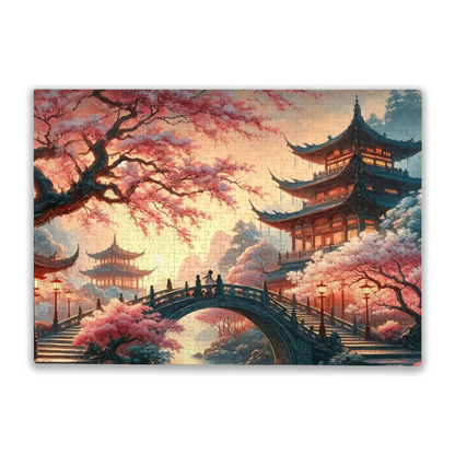 Romantic Cherry Blossom Ancient Chinese Pagoda Bridge Puzzle