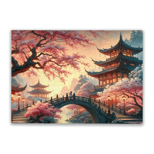 Romantic Cherry Blossom Ancient Chinese Pagoda Bridge Puzzle