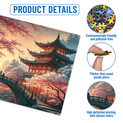 Romantic Cherry Blossom Ancient Chinese Pagoda Bridge Puzzle