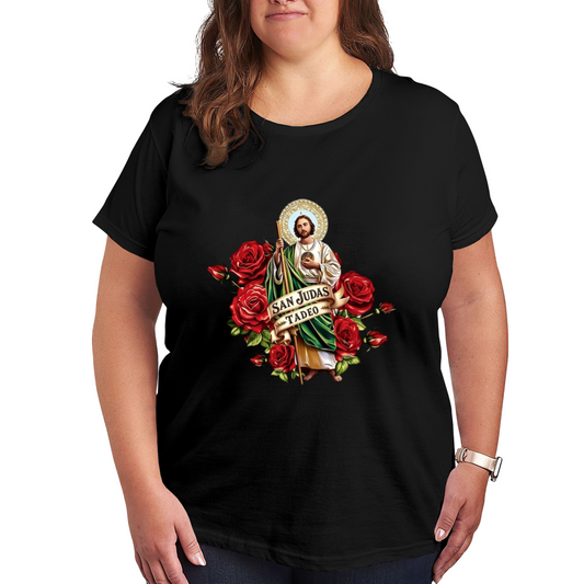 San Judas Tadeo Saint & Red Roses Religious Print Plus Size Ladies Casual Tee