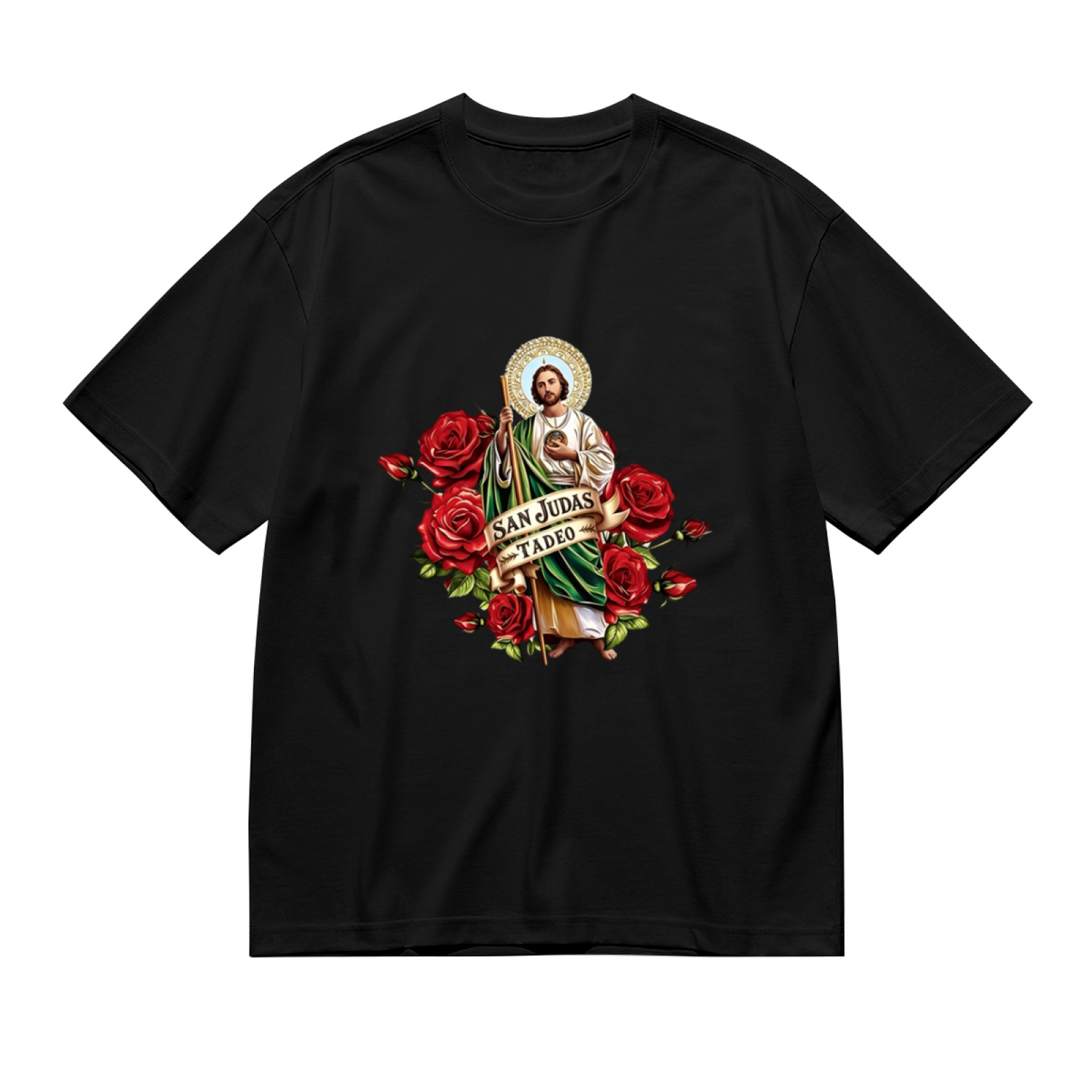 San Judas Tadeo Saint & Red Roses Religious Print Plus Size Ladies Casual Tee