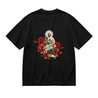 San Judas Tadeo Saint & Red Roses Religious Print Plus Size Ladies Casual Tee