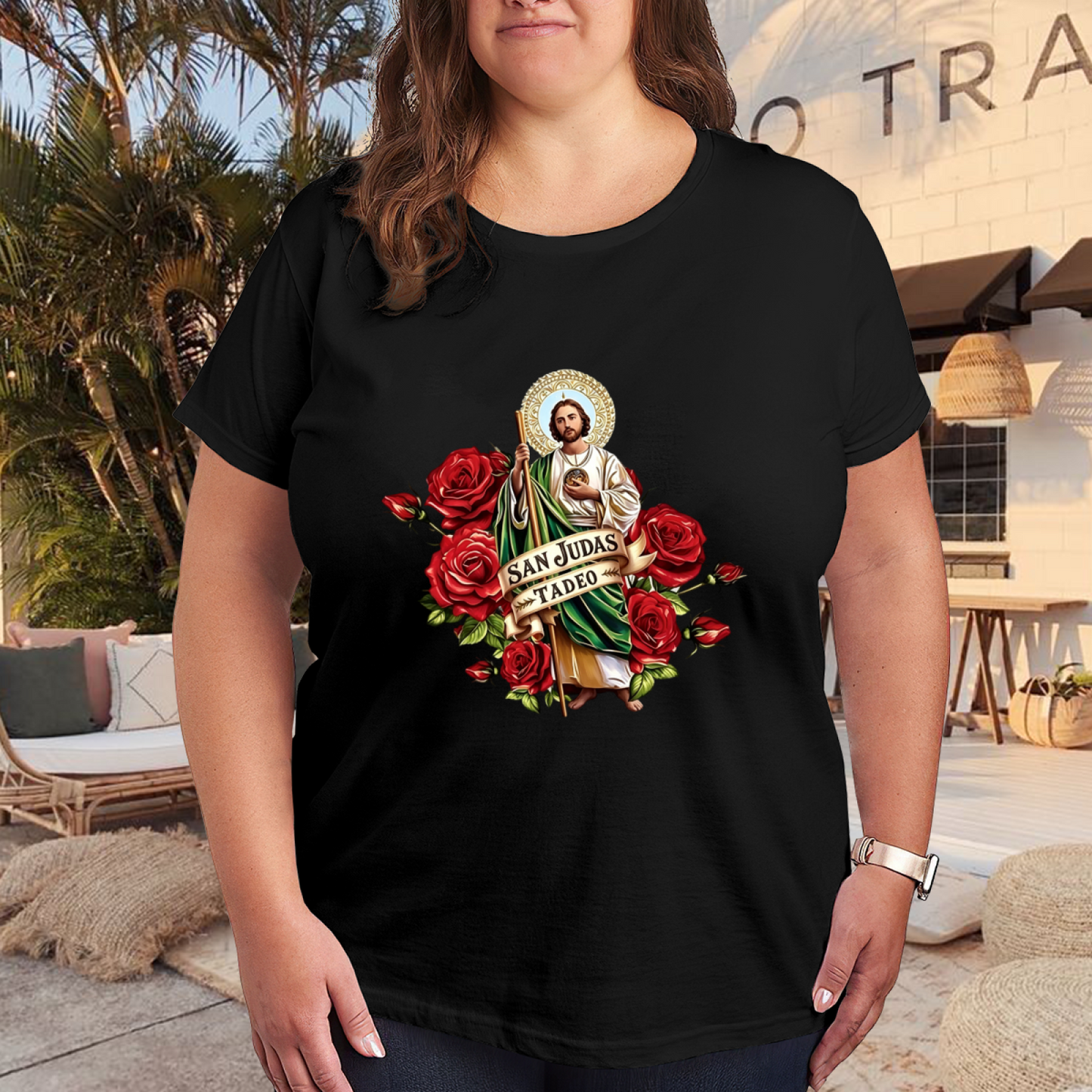 San Judas Tadeo Saint & Red Roses Religious Print Plus Size Ladies Casual Tee