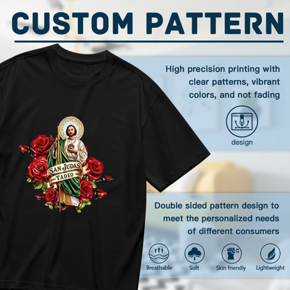 San Judas Tadeo Saint & Red Roses Religious Print Plus Size Ladies Casual Tee