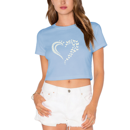 Fluttering Butterfly Heart Lime Green Cropped T-Shirt ¨C Cute Nature Aesthetic Top