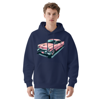 Retro Pink Classic Car Cartoon White Hoodie, Loose Comfort Vintage Pullover