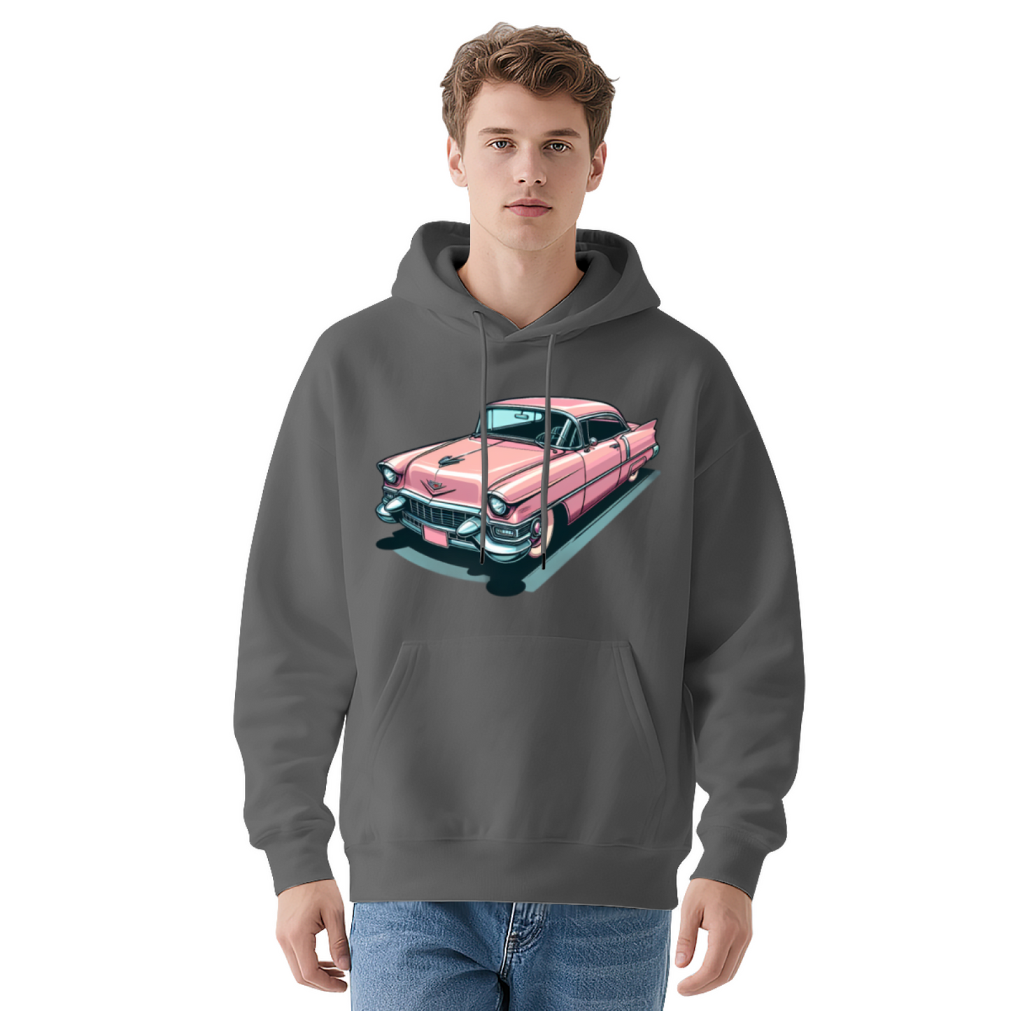 Retro Pink Classic Car Cartoon White Hoodie, Loose Comfort Vintage Pullover