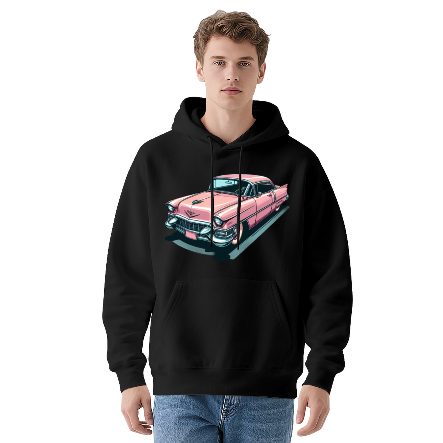 Retro Pink Classic Car Cartoon White Hoodie, Loose Comfort Vintage Pullover