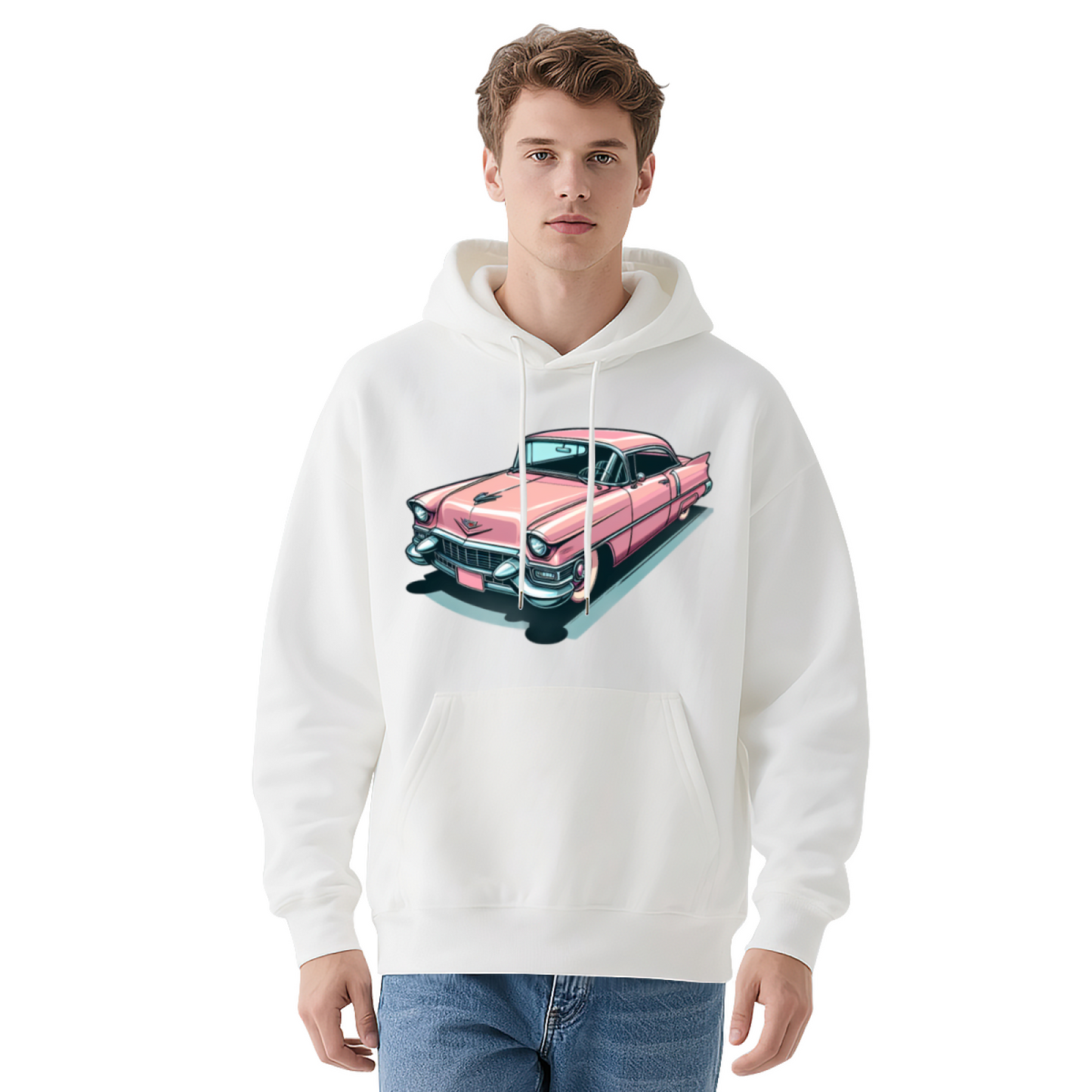 Retro Pink Classic Car Cartoon White Hoodie, Loose Comfort Vintage Pullover
