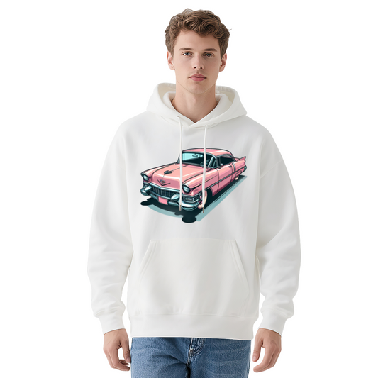 Retro Pink Classic Car Cartoon White Hoodie, Loose Comfort Vintage Pullover