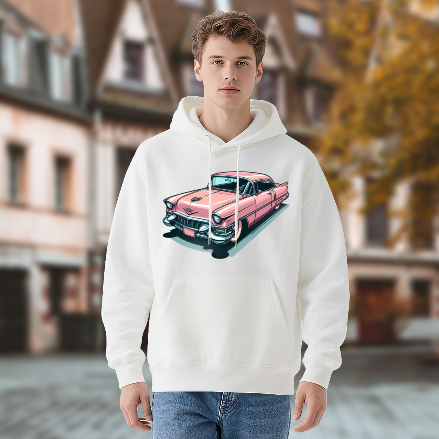 Retro Pink Classic Car Cartoon White Hoodie, Loose Comfort Vintage Pullover