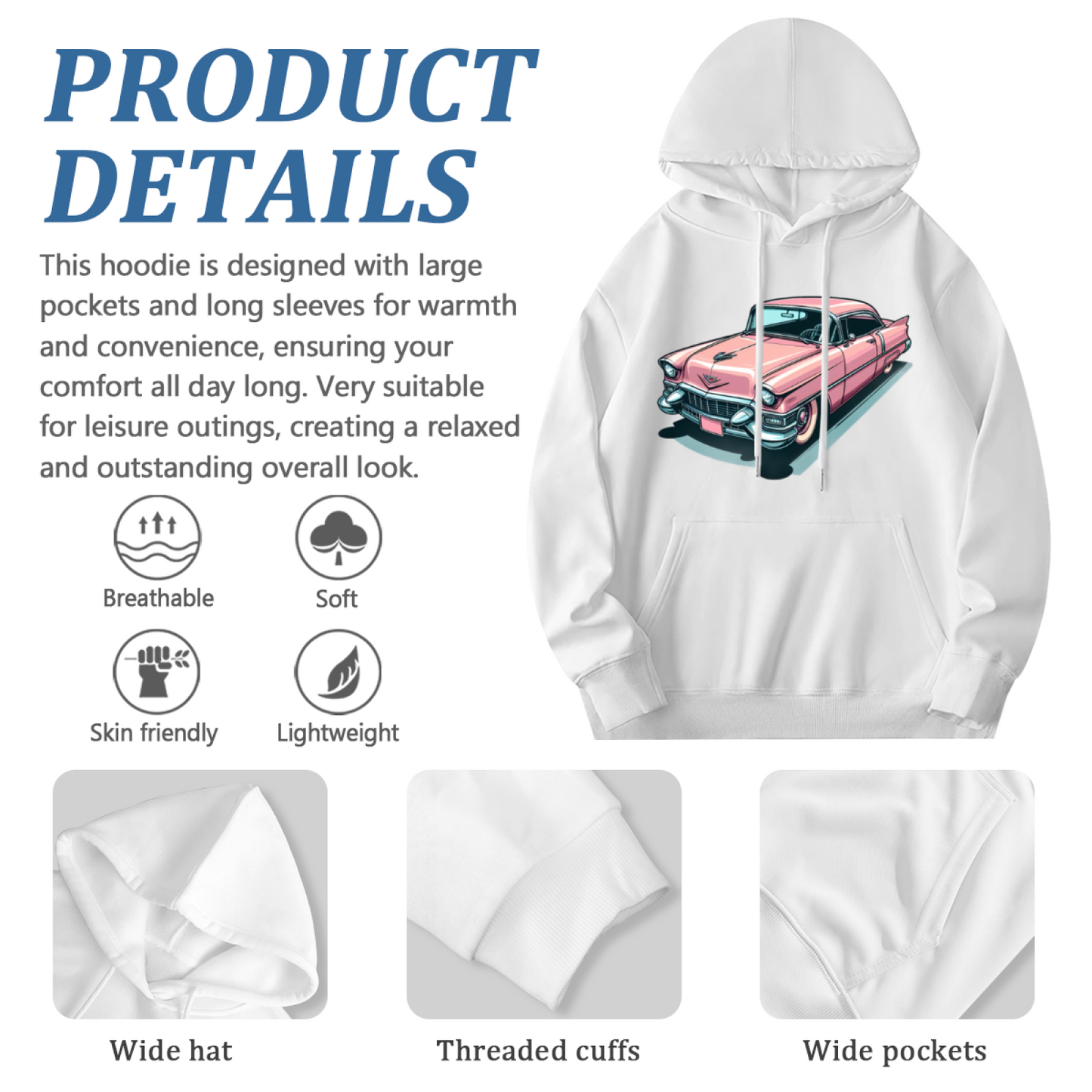 Retro Pink Classic Car Cartoon White Hoodie, Loose Comfort Vintage Pullover