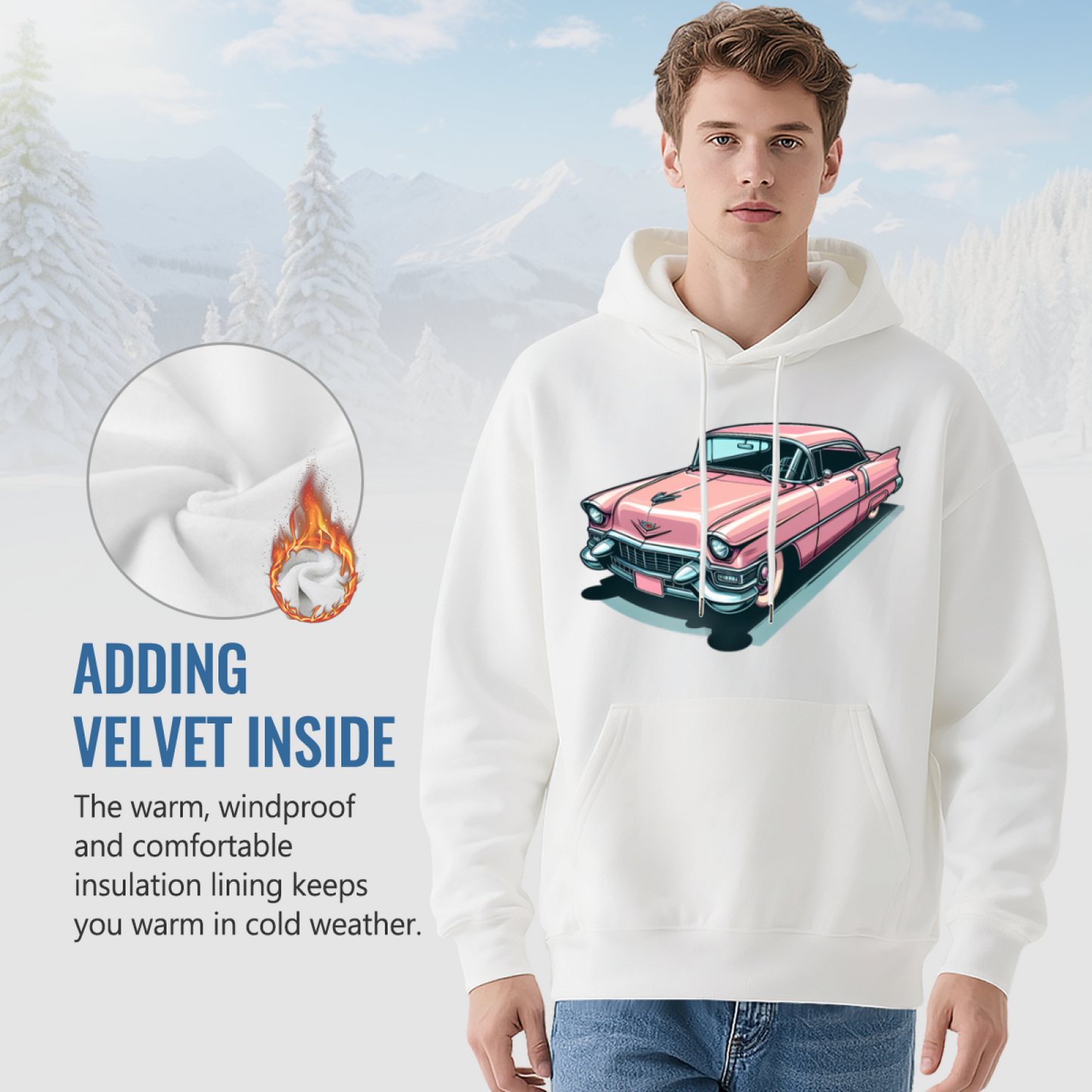 Retro Pink Classic Car Cartoon White Hoodie, Loose Comfort Vintage Pullover