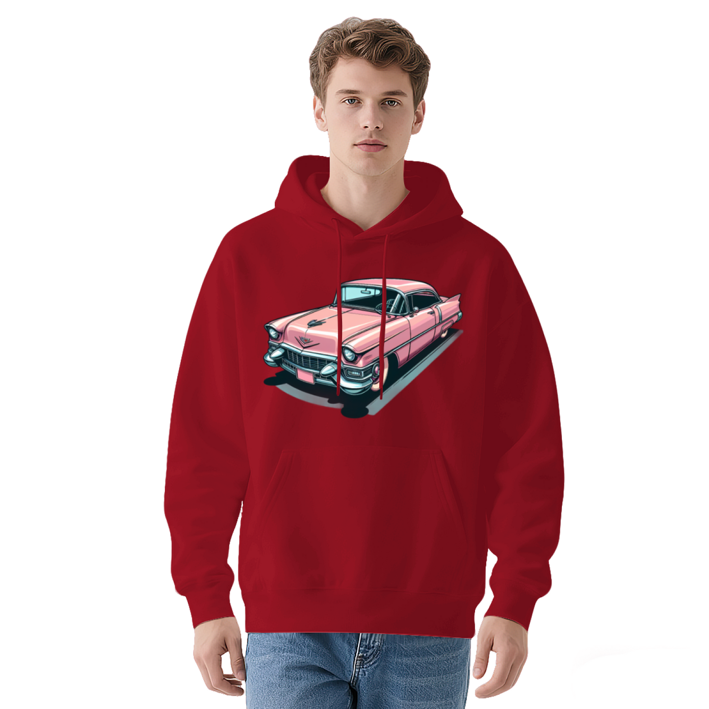 Retro Pink Classic Car Cartoon White Hoodie, Loose Comfort Vintage Pullover
