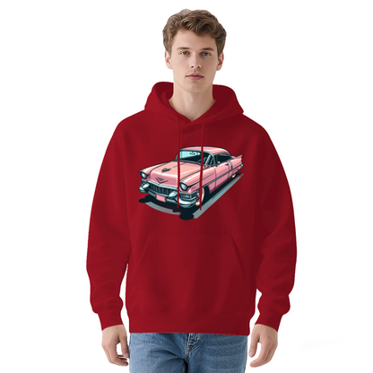 Retro Pink Classic Car Cartoon White Hoodie, Loose Comfort Vintage Pullover