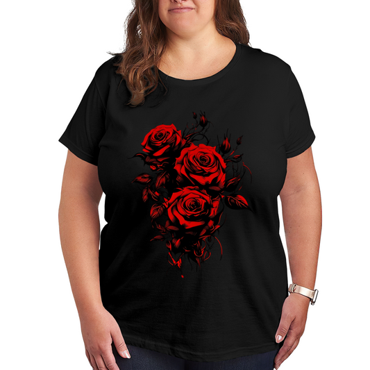 Gothic Blood Red Thorn Roses Dark Art Plus Size Women Short Sleeve Tee