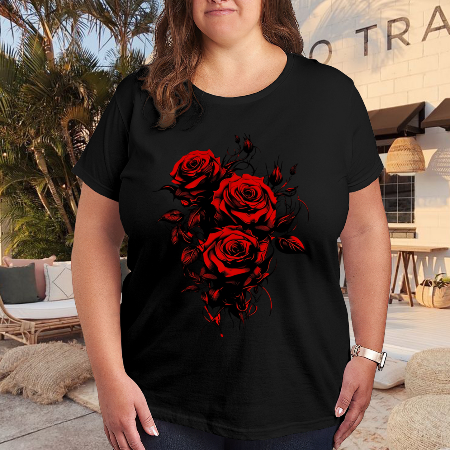 Gothic Blood Red Thorn Roses Dark Art Plus Size Women Short Sleeve Tee