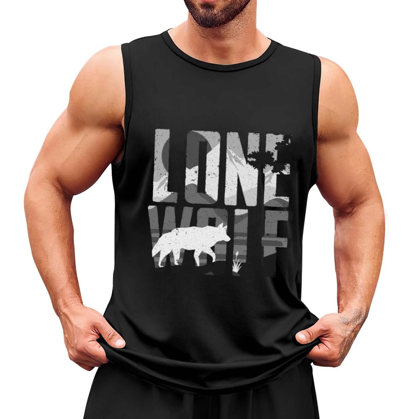 Lone Wolf Distressed Camo Mountain Wild Mens Muscle Tank