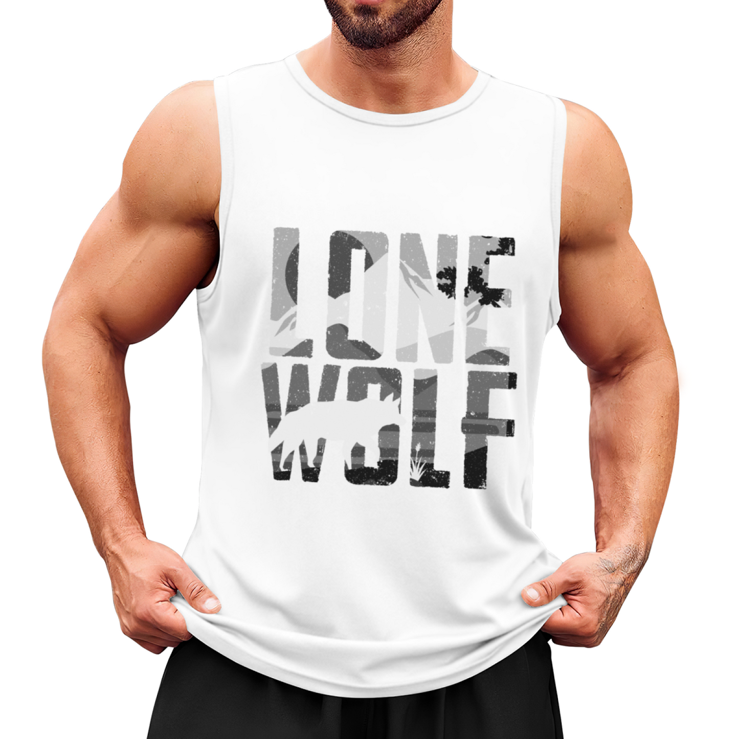 Lone Wolf Distressed Camo Mountain Wild Mens Muscle Tank