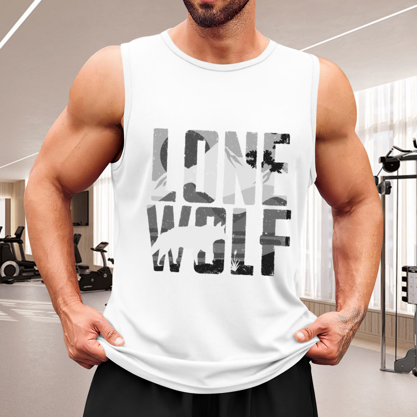 Lone Wolf Distressed Camo Mountain Wild Mens Muscle Tank