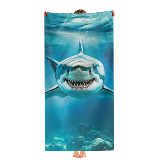 Realistic Giant Shark Underwater Ocean Scene Beach Towel, Various Size Offerings, Plush Soft Surface, Max Water Absorbency & Comfortable for Teen Adult Beach Trips