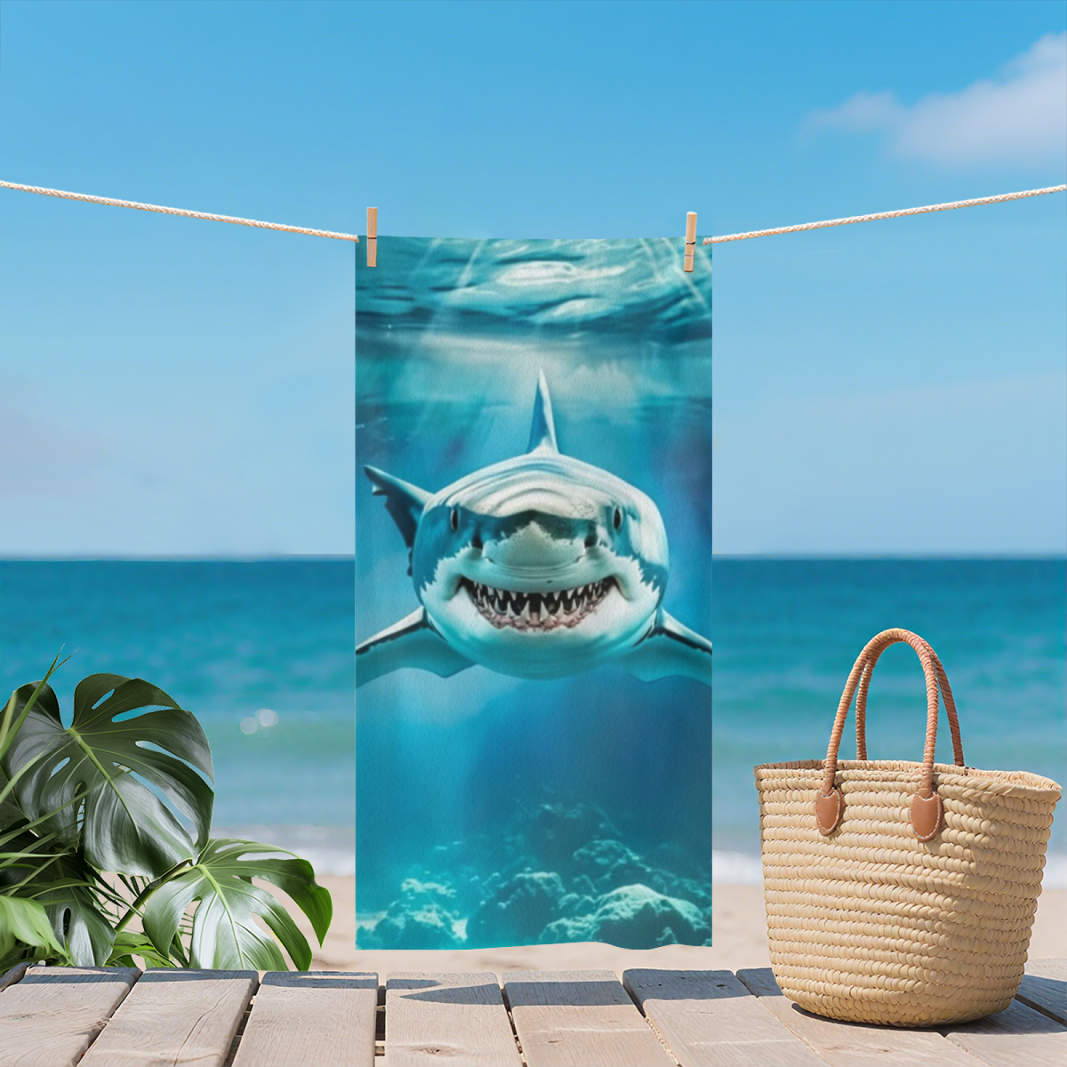 Realistic Giant Shark Underwater Ocean Scene Beach Towel, Various Size Offerings, Plush Soft Surface, Max Water Absorbency & Comfortable for Teen Adult Beach Trips