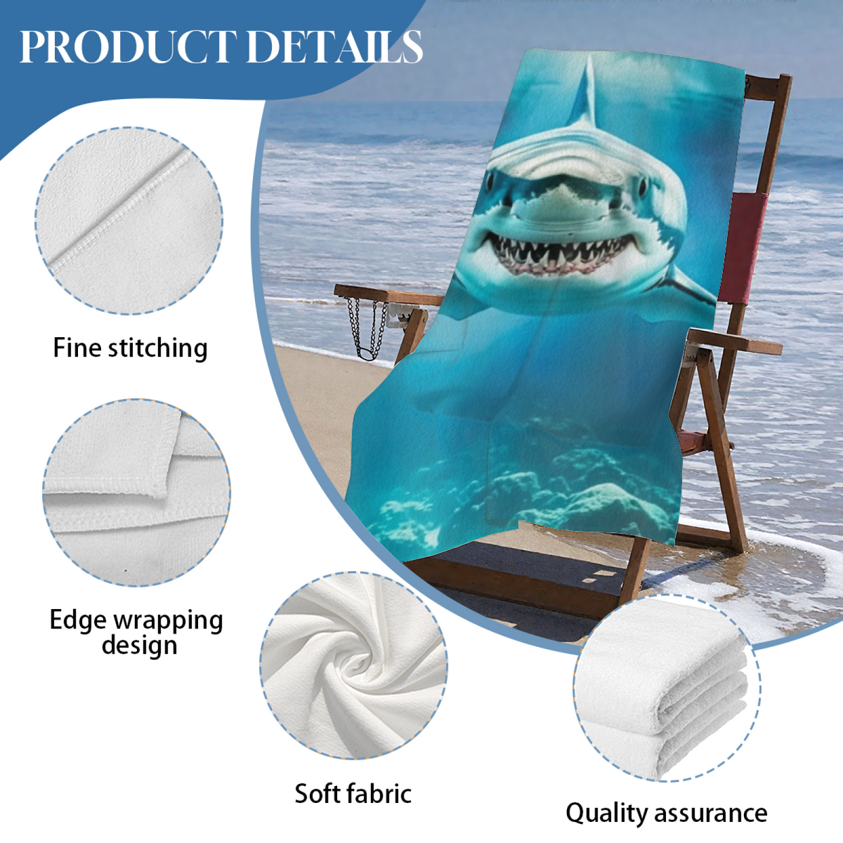 Realistic Giant Shark Underwater Ocean Scene Beach Towel, Various Size Offerings, Plush Soft Surface, Max Water Absorbency & Comfortable for Teen Adult Beach Trips