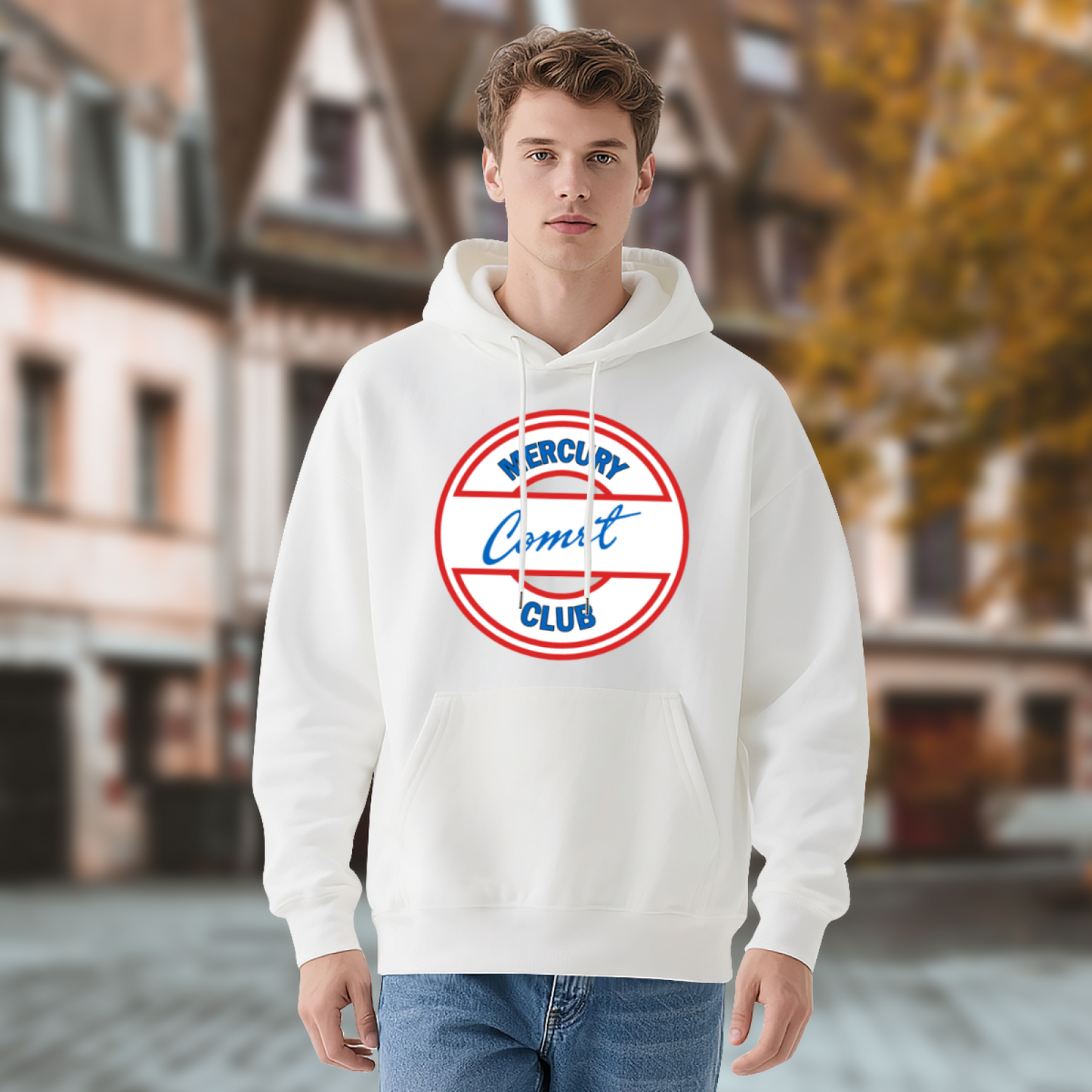 Mercury Comet Club Vintage Circle Logo White Hoodie, Comfort Unisex Retro Top