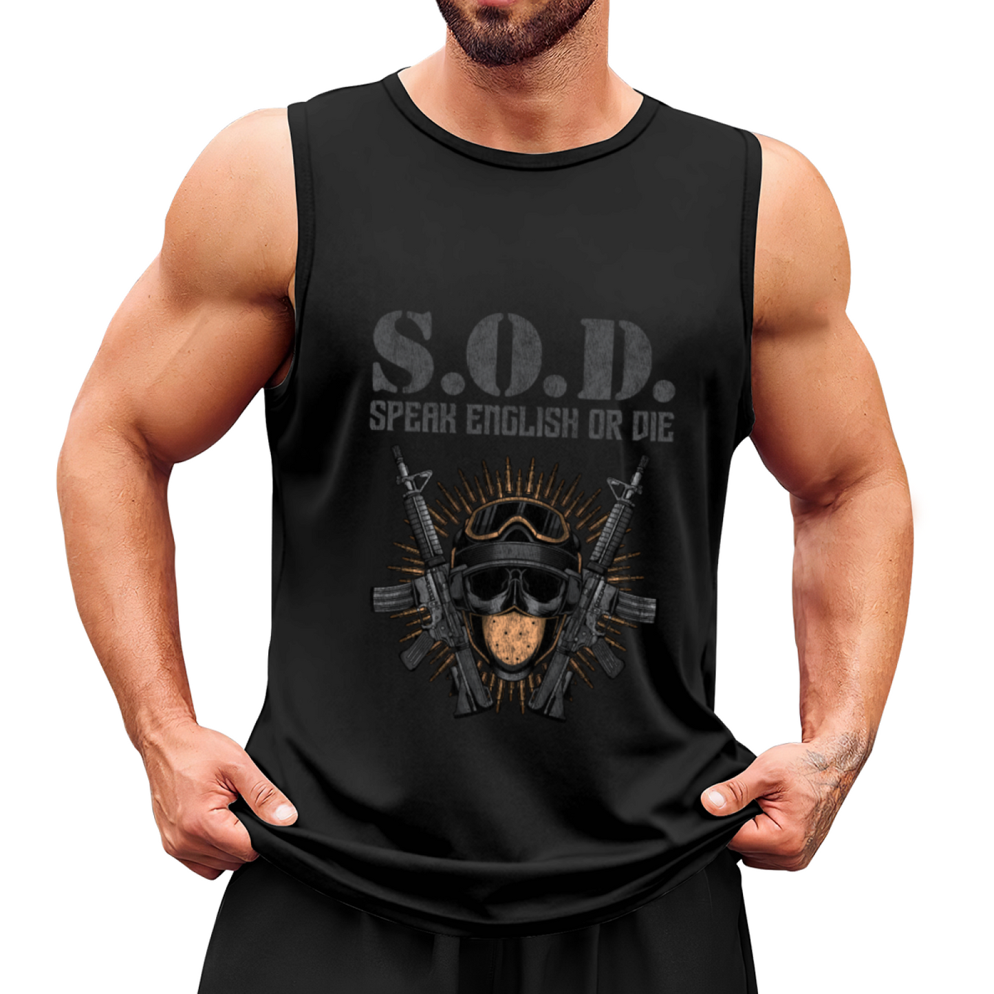 S.O.D Speak English Or Die Military Gun Skull Tank