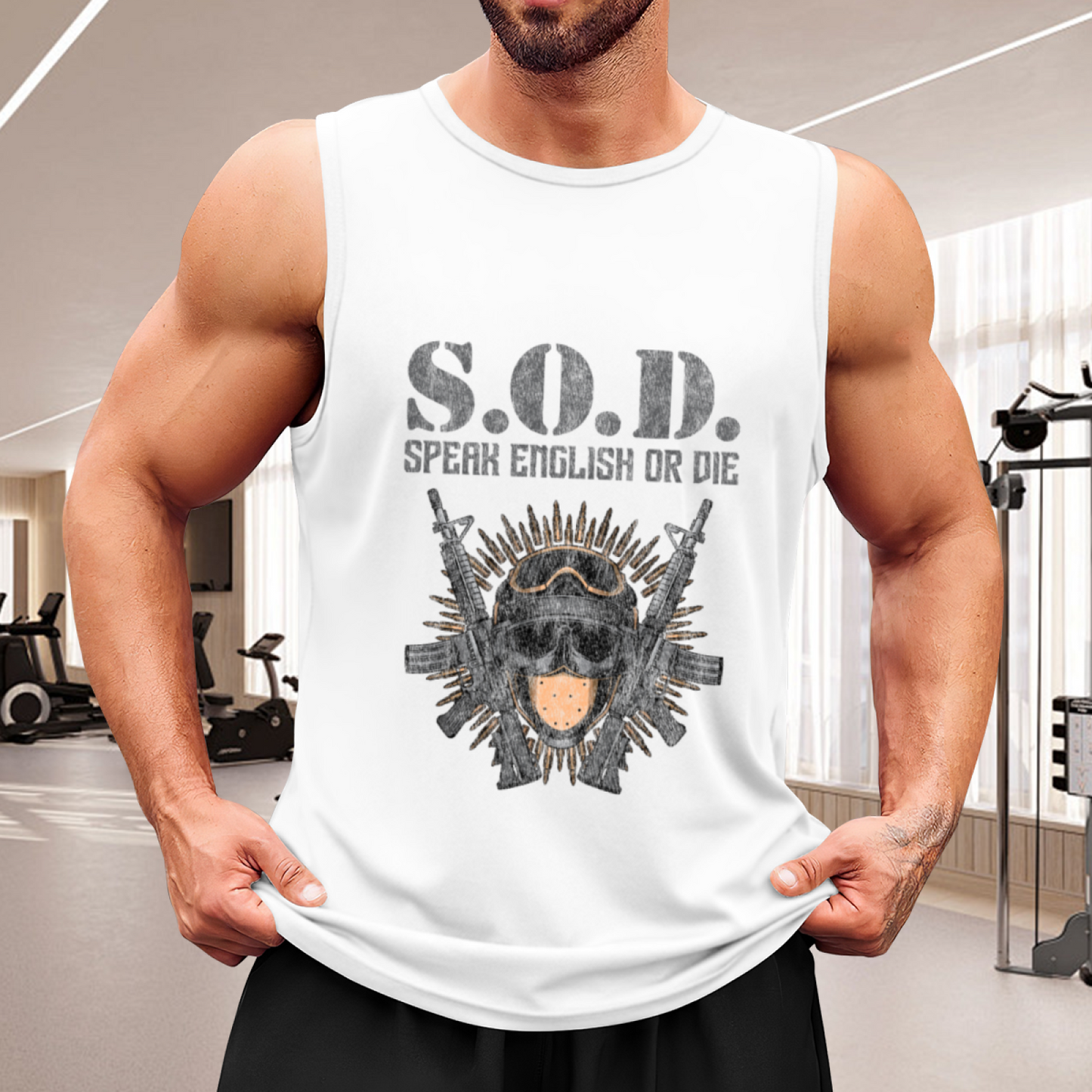 S.O.D Speak English Or Die Military Gun Skull Tank