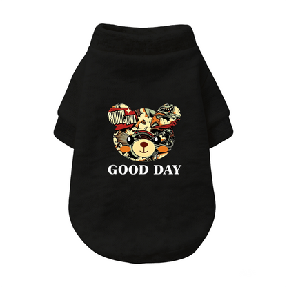 Retro Comic Bear GOOD DAY Black Pet Pullover Sweater, Trendy Cool Dog Top