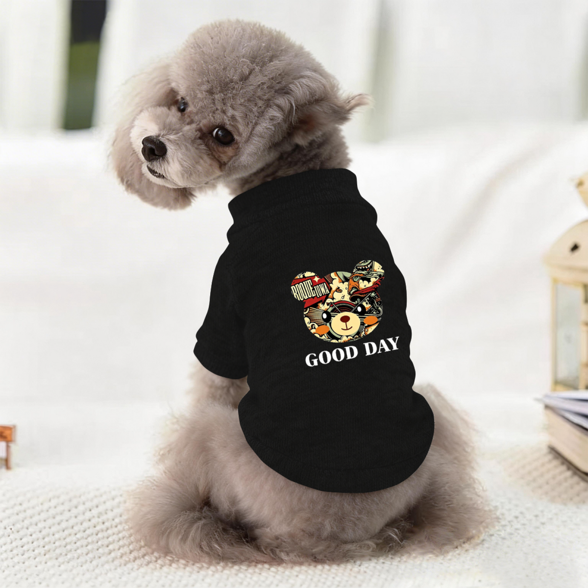 Retro Comic Bear GOOD DAY Black Pet Pullover Sweater, Trendy Cool Dog Top