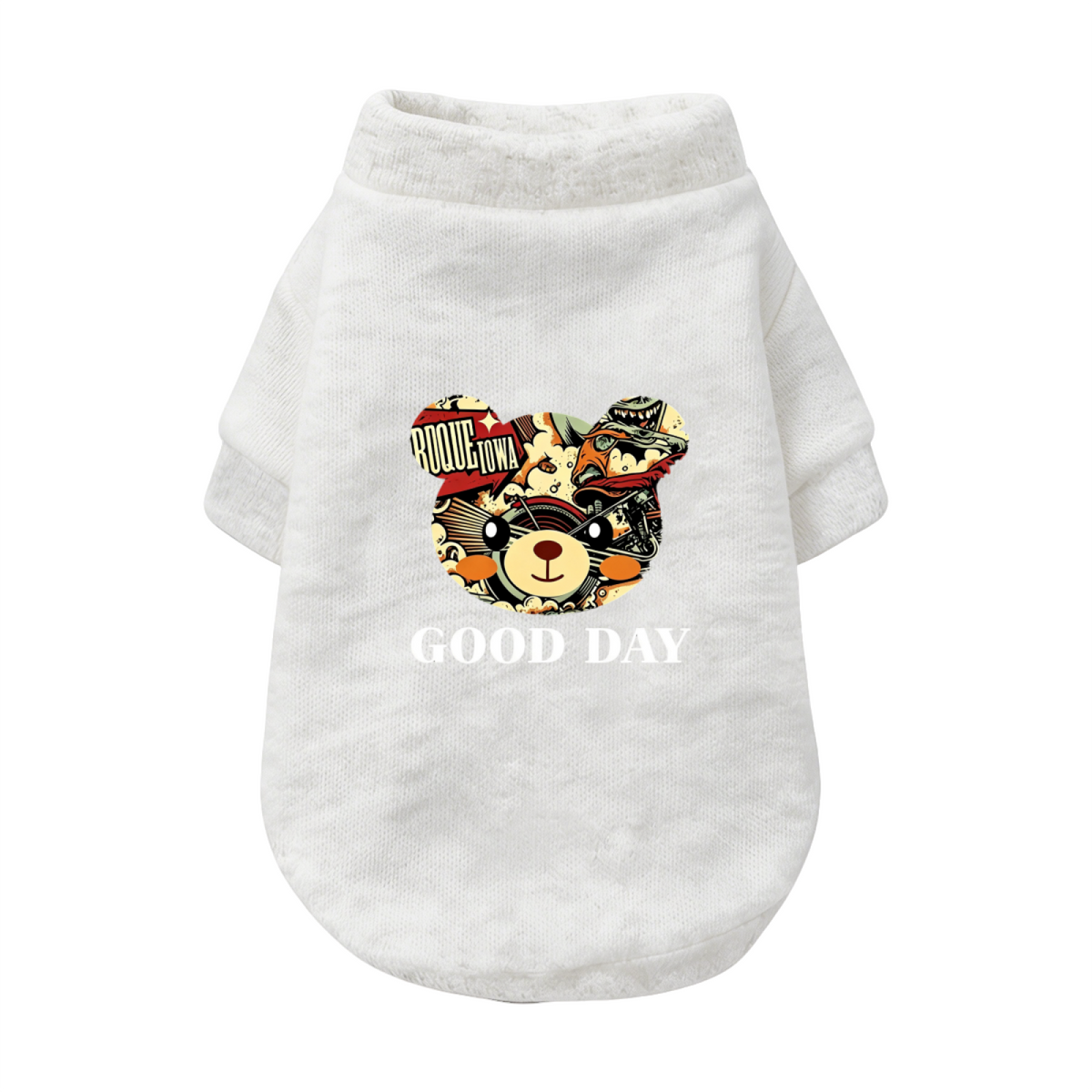 Retro Comic Bear GOOD DAY Black Pet Pullover Sweater, Trendy Cool Dog Top