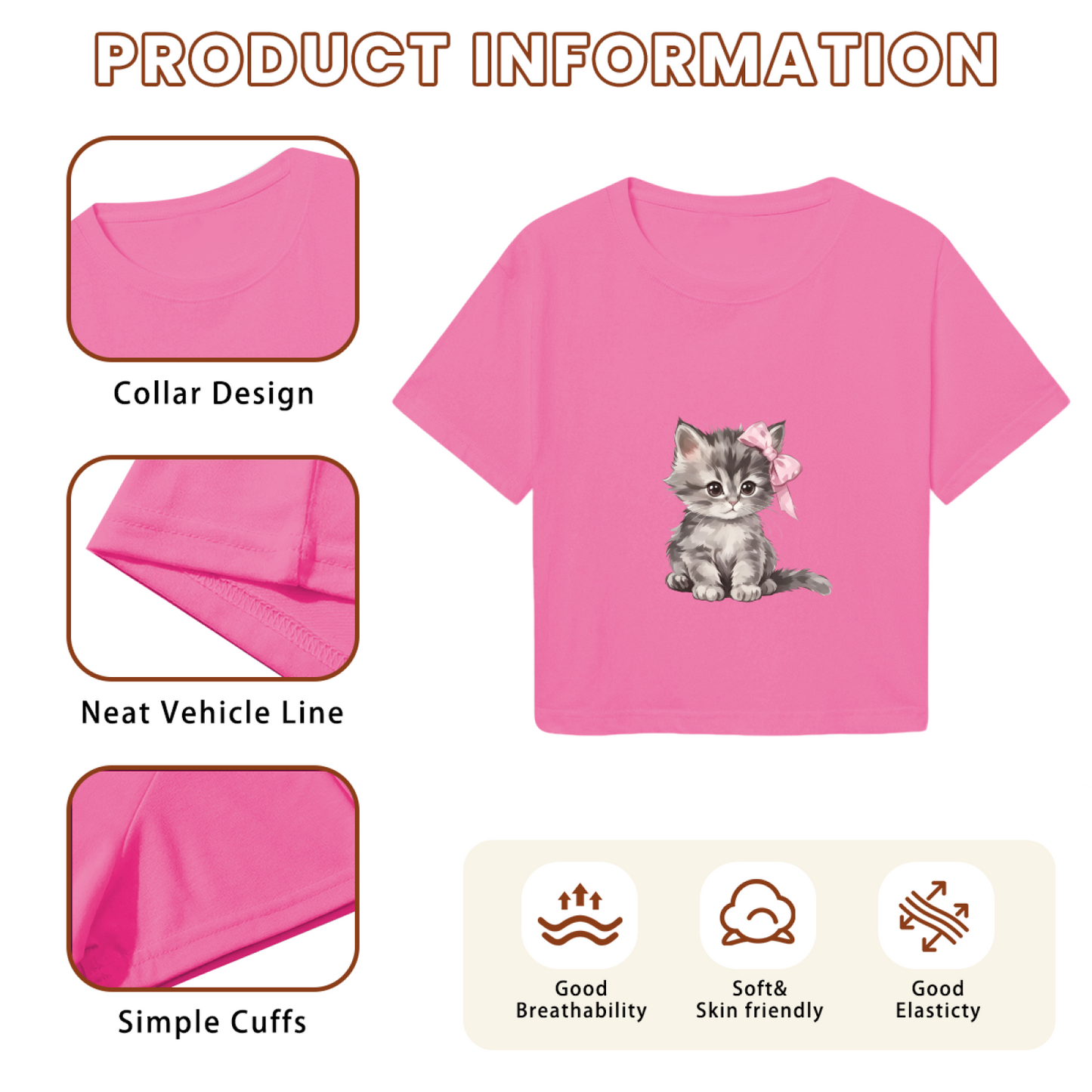 Fluffy Grey Kitten With Pink Bow Hot Pink Crop Top ¨C Sweet Girly Cat Graphic Tee