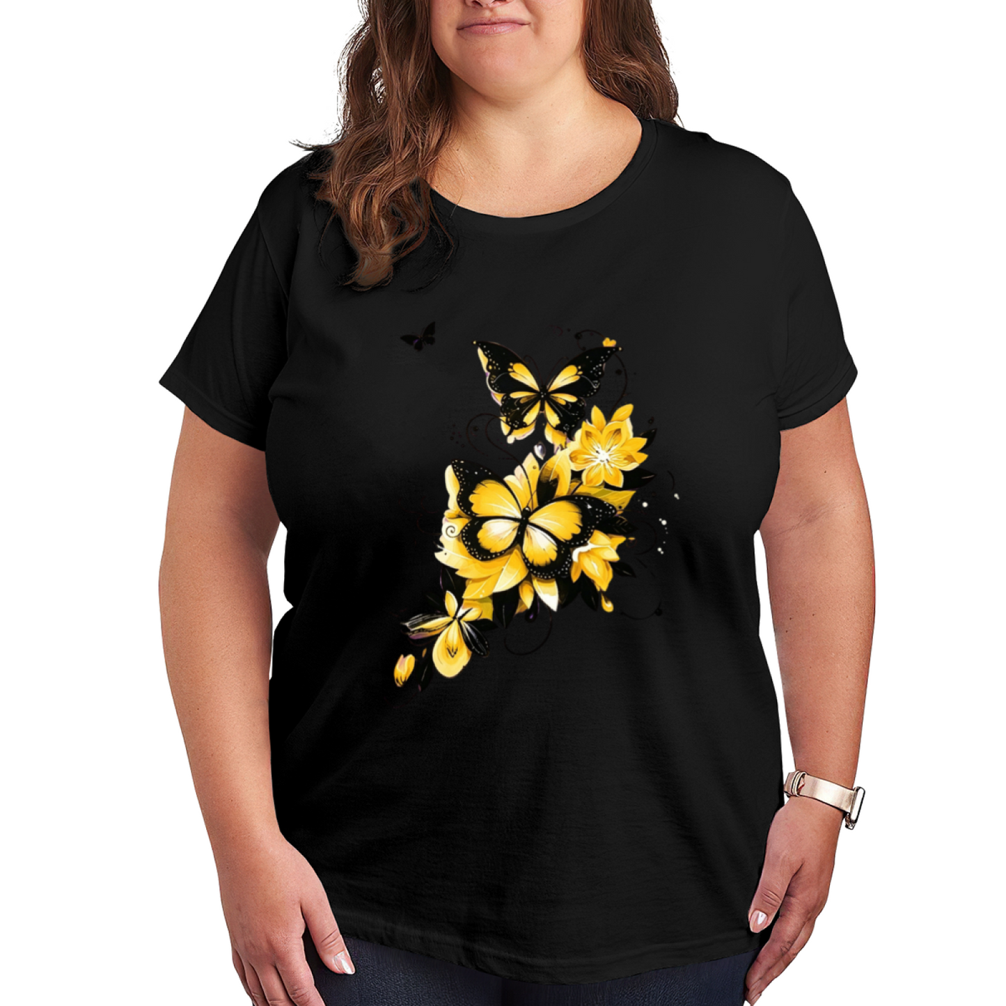 Bright Yellow Flowers Black Outline Butterfly Swirl Print Plus Size Ladies White Tee