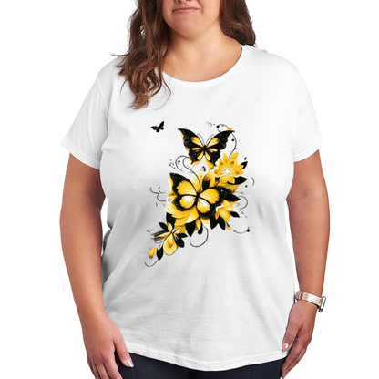 Bright Yellow Flowers Black Outline Butterfly Swirl Print Plus Size Ladies White Tee