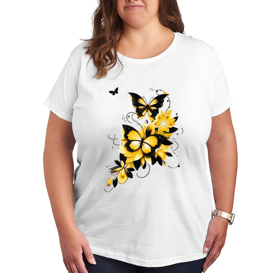 Bright Yellow Flowers Black Outline Butterfly Swirl Print Plus Size Ladies White Tee