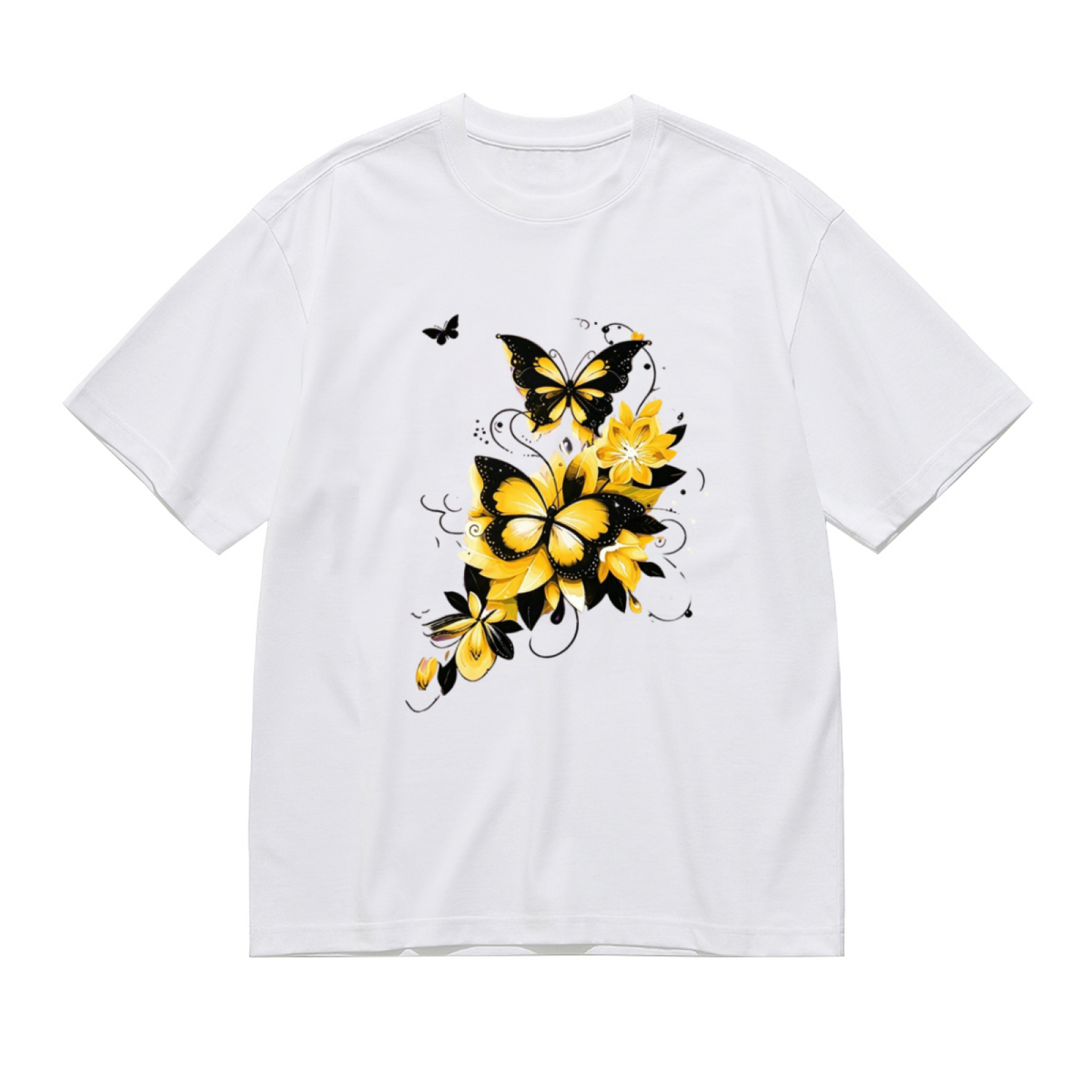 Bright Yellow Flowers Black Outline Butterfly Swirl Print Plus Size Ladies White Tee