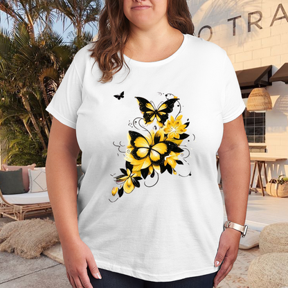 Bright Yellow Flowers Black Outline Butterfly Swirl Print Plus Size Ladies White Tee