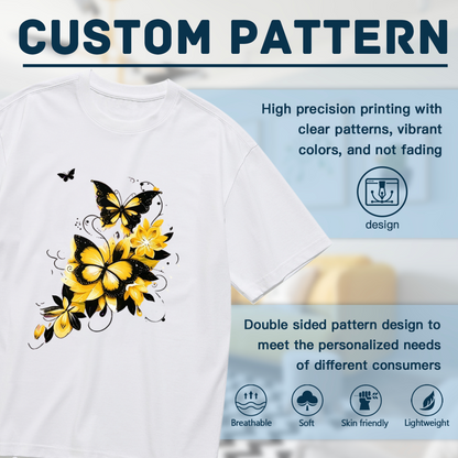 Bright Yellow Flowers Black Outline Butterfly Swirl Print Plus Size Ladies White Tee