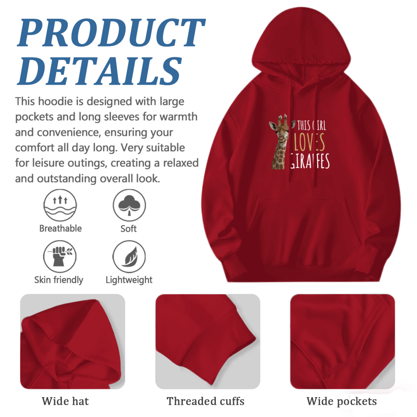 This Girl Loves Giraffes Red Hoodie, Animal Lover Relaxed Soft Sweatshirt
