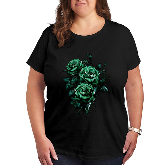 Moody Dark Emerald Rose Bouquet Plus Size Women Printed T-Shirt