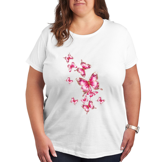 Sparkly Pink Glitter Butterflies Plus Size White T-Shirt