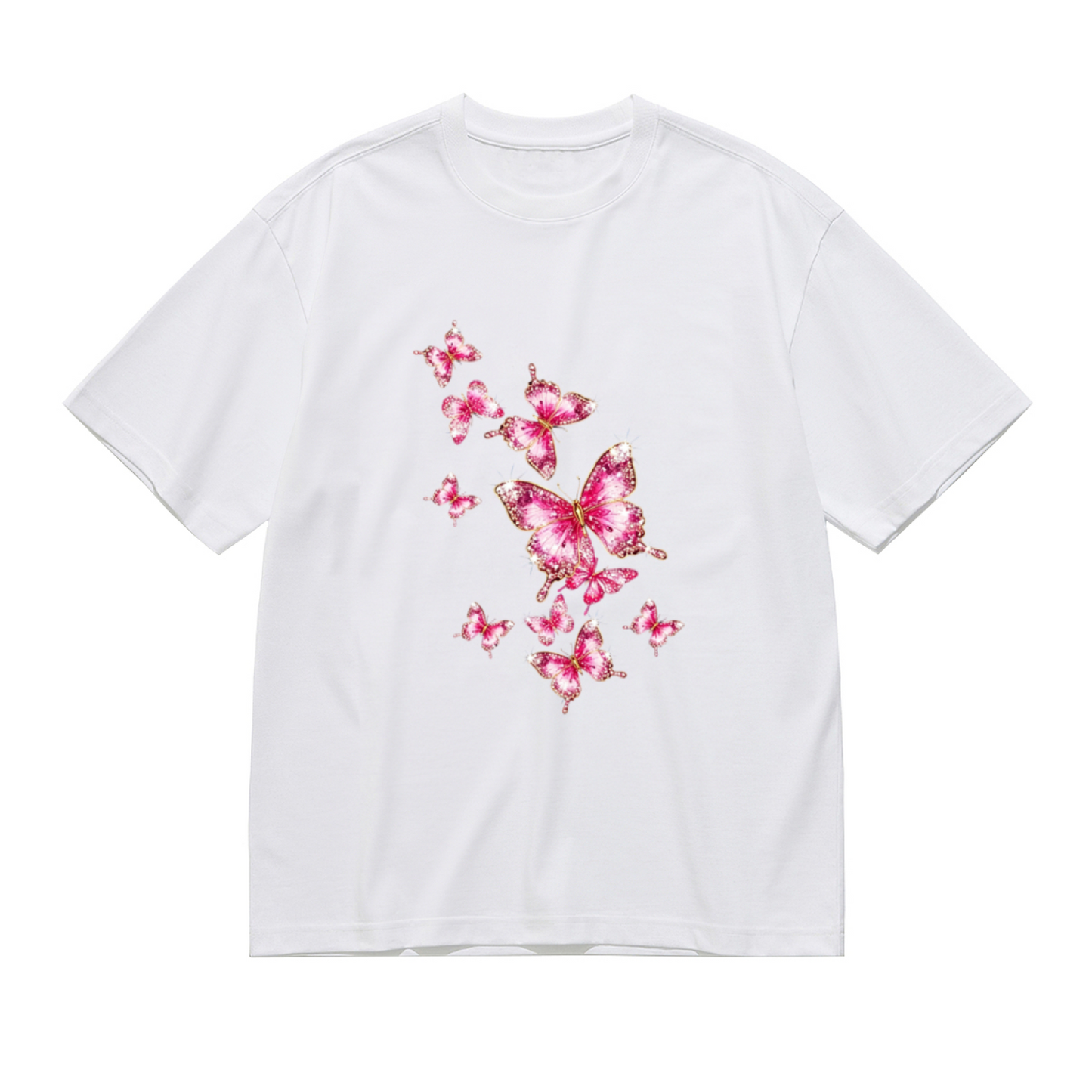 Sparkly Pink Glitter Butterflies Plus Size White T-Shirt