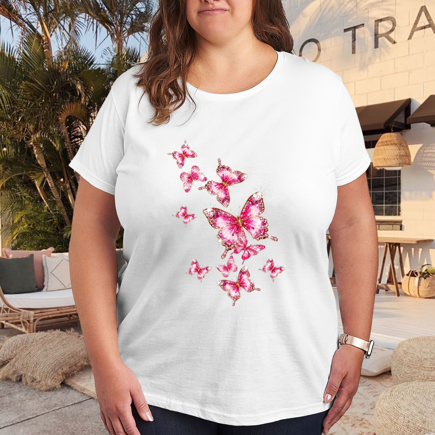 Sparkly Pink Glitter Butterflies Plus Size White T-Shirt