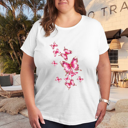 Sparkly Pink Glitter Butterflies Plus Size White T-Shirt
