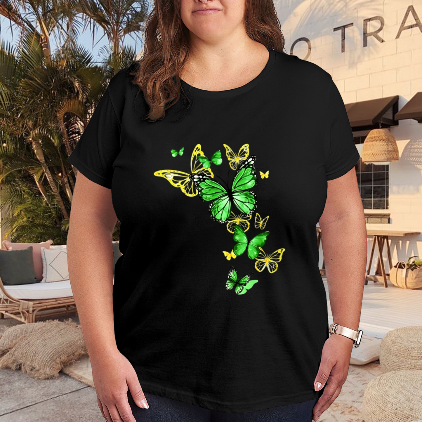Fresh Green Yellow Gradient Butterfly Swarm Plus Size Women Graphic Tee