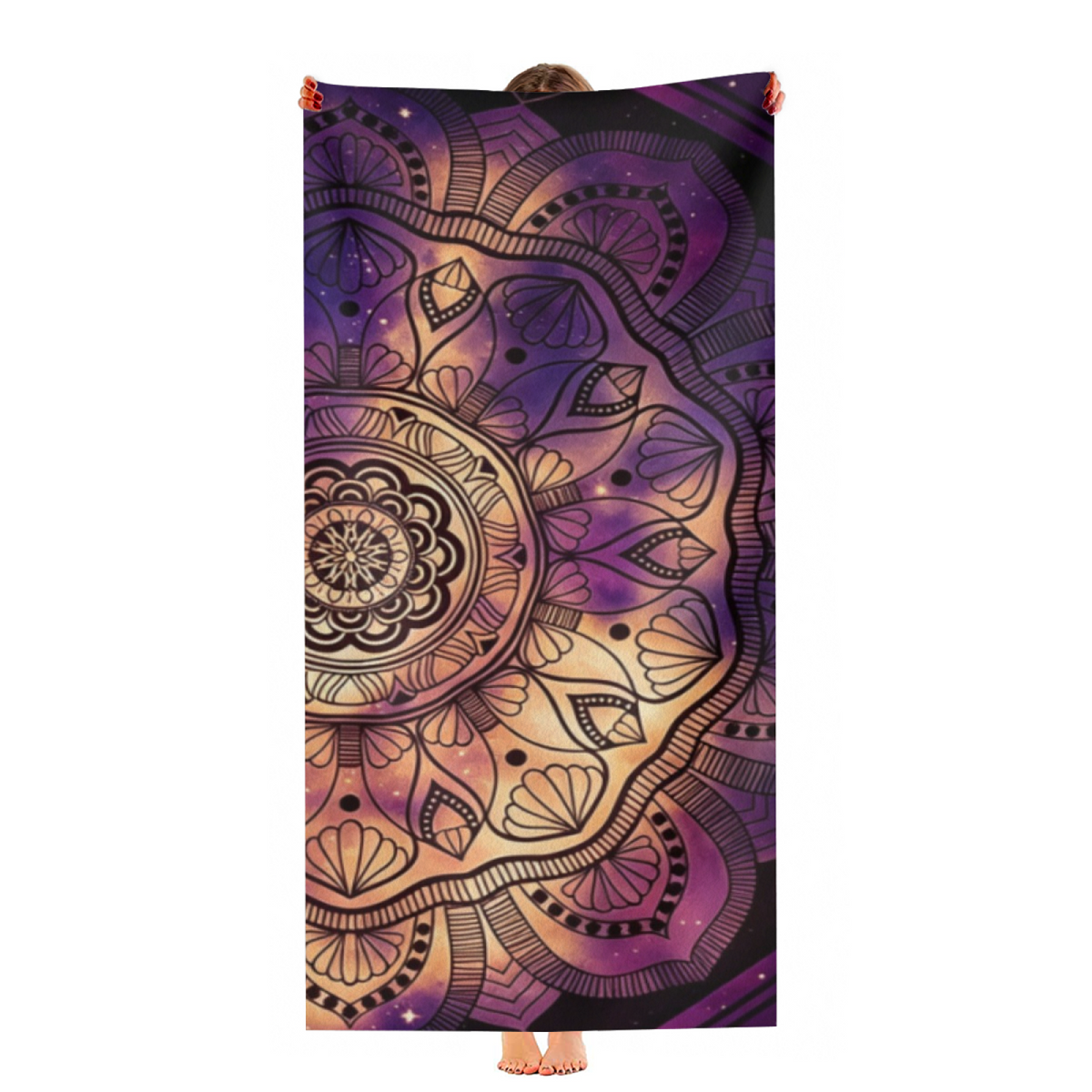 Luxury Purple Gold Galaxy Mandala Boho Beach Towel, Silky Luxe Soft & Heavy Water Absorption, Full Sizes Range, Comfortable Meditation Beach Pool Towel